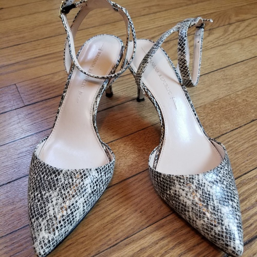 Banana Republic Snake Print Pointed Toe Ankle Strap Heels - Black, Cream, Tan